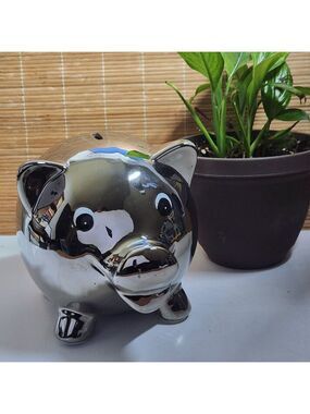 Silver Mirror Piggy Bank • Large Ceramic Coin Bank • Modern Chrome Decor